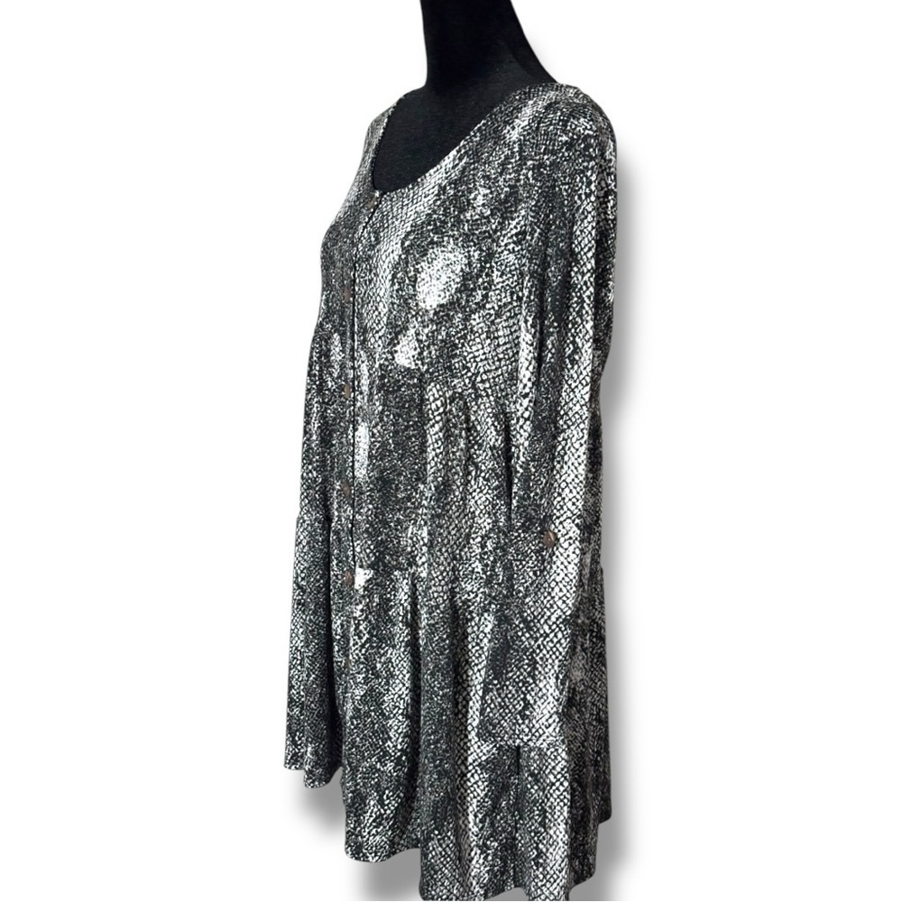 Kenedik Black/White/Gray Scoop Neck Relaxed Tiered 3/4 Sleeve Tunic/Mini Dress - Picture 6 of 16